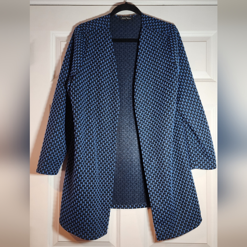 Slinky Brand Blue And Black Patterned Open Front Cardigan Sweater L
